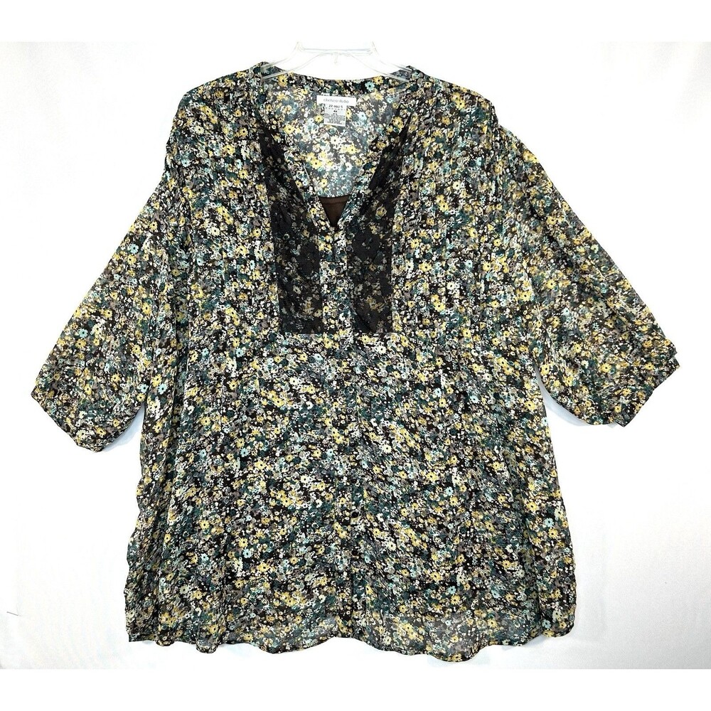 Chelsea Studio Women's Plus Top 4X Floral Button Up Lace Semi Sheer V-Neck Lined
